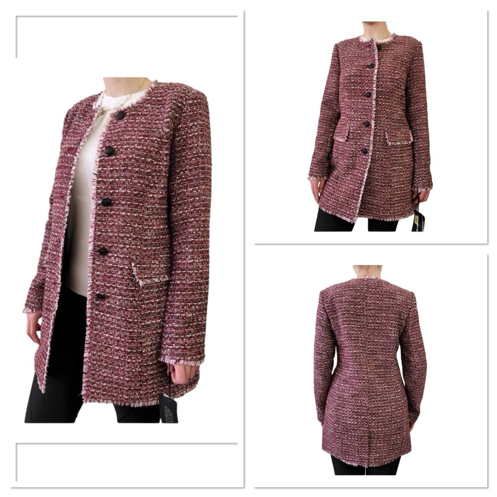 Karl Lagerfeld Paris Long Tweed Single Breasted Frayed Jacket Red Women Size 6